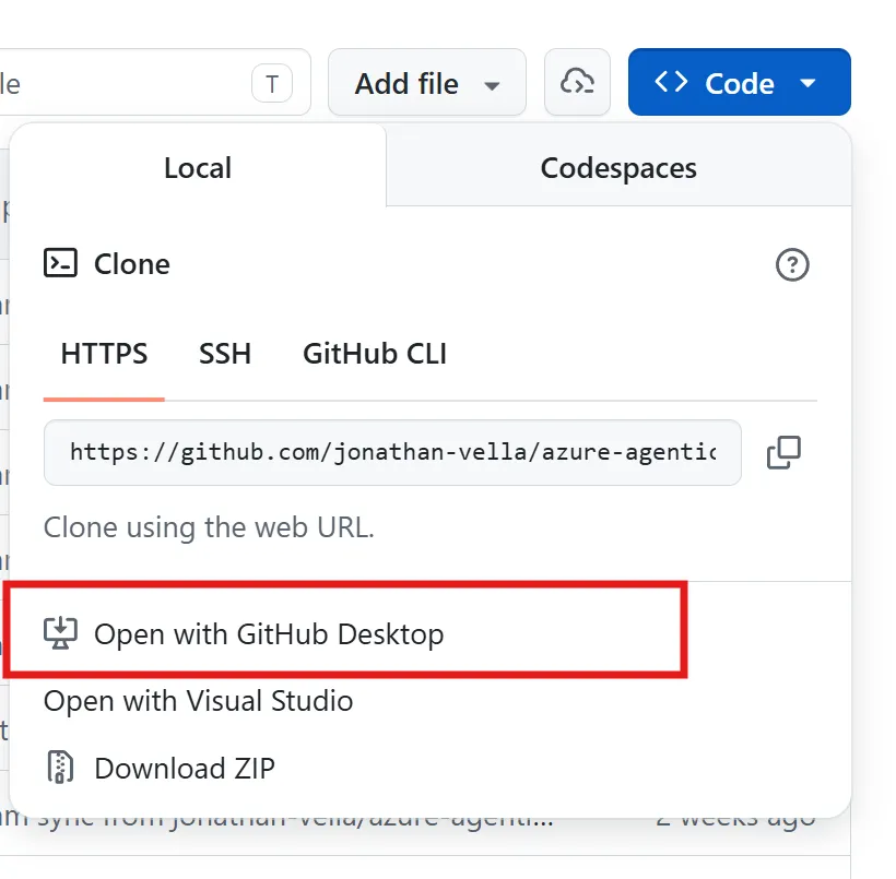 Code dropdown showing Open with GitHub Desktop on your repository